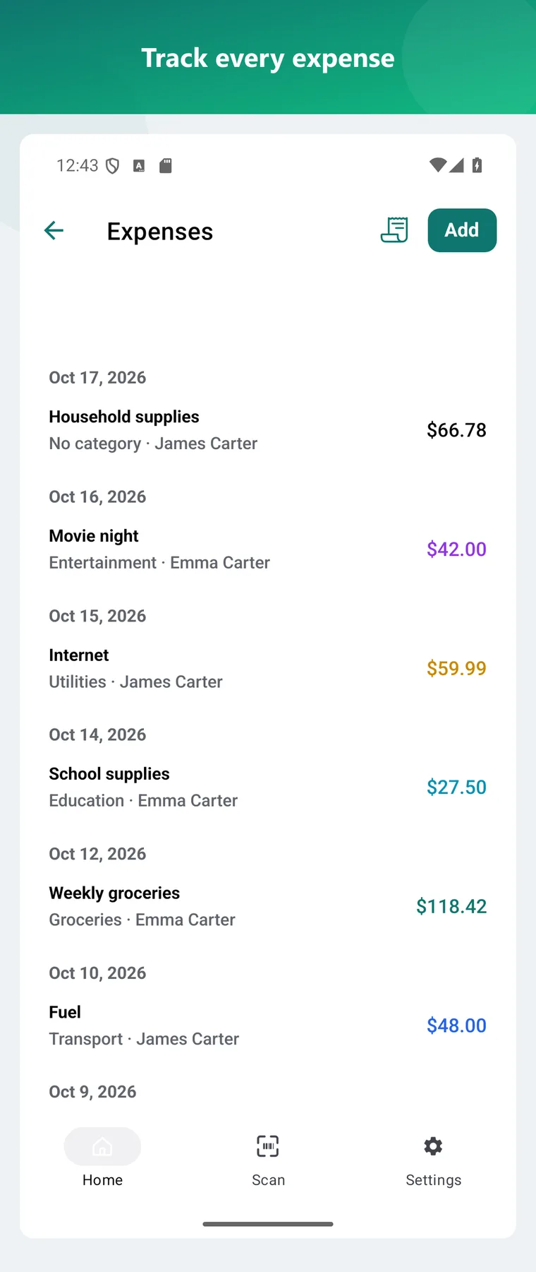 Shared expenses screen — who spent what, in your household's currency
