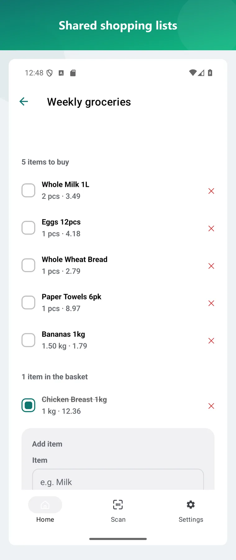 Shared shopping list with quantities and costs